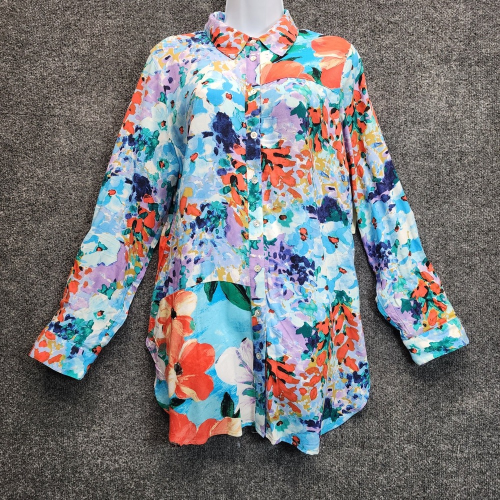 NWT Fig and Flower Womens Floral Watercolor Rayon Button Down Tunic Blouse L